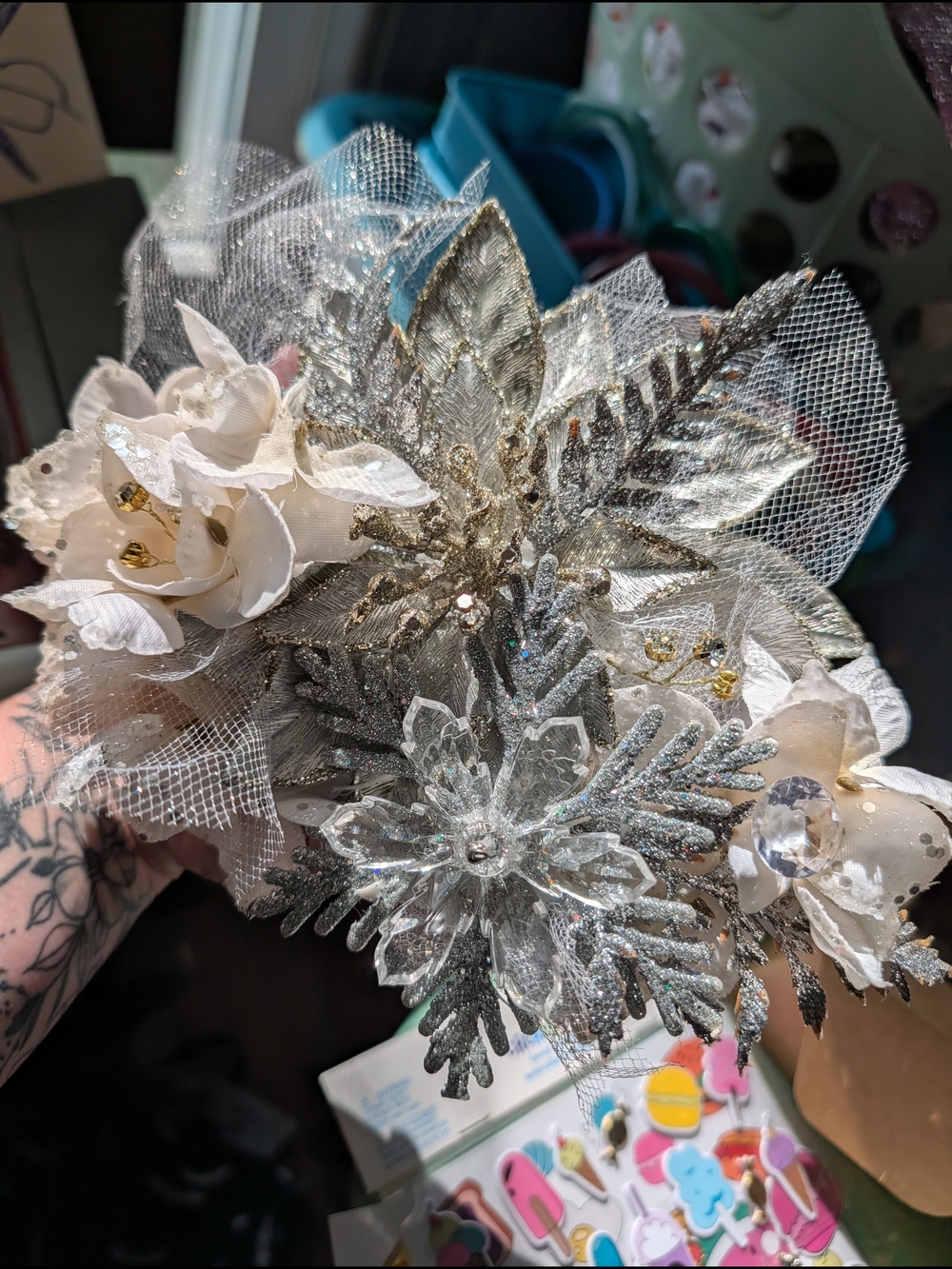 Silver Glitter Floral Holiday Bouquet Hair Accent Clip